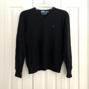 Polo Ralph Lauren Mens Black Lambs Wool Sweater V Neck Purple Pony Preppy XL